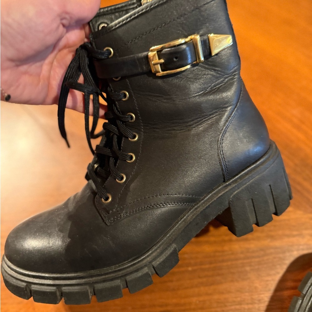 Thursday Boot Company Black Lace-Up Combat Boots with Gold Buckle